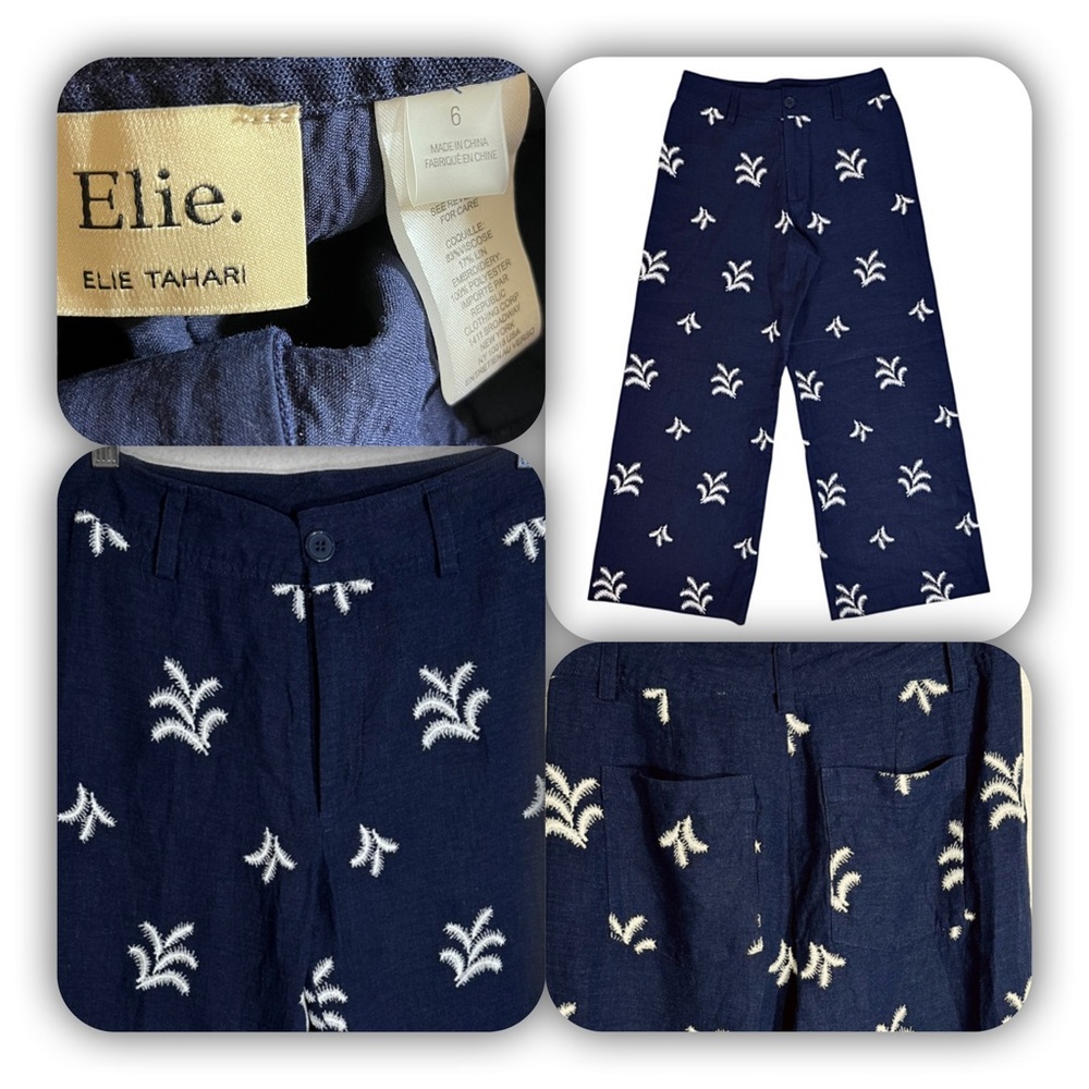 ELIE TAHARI Embroidered Navy Blue Linen Blend Cropped Wide Leg Pants Trousers 6